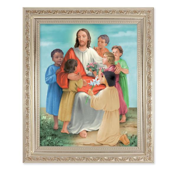Jesus with Children, 10"x12" Antique Silver & Carved Scrollwork Frame, Italian Print Under Glass # 26871