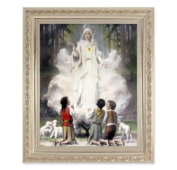 Our Lady of Fatima, 10"x12" Antique Silver & Carved Scrollwork Frame, Italian Print Under Glass # 26879