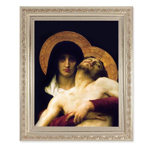 Bouguereau: Pieta, 10"x12" Antique Silver & Carved Scrollwork Frame, Italian Print Under Glass # 26880