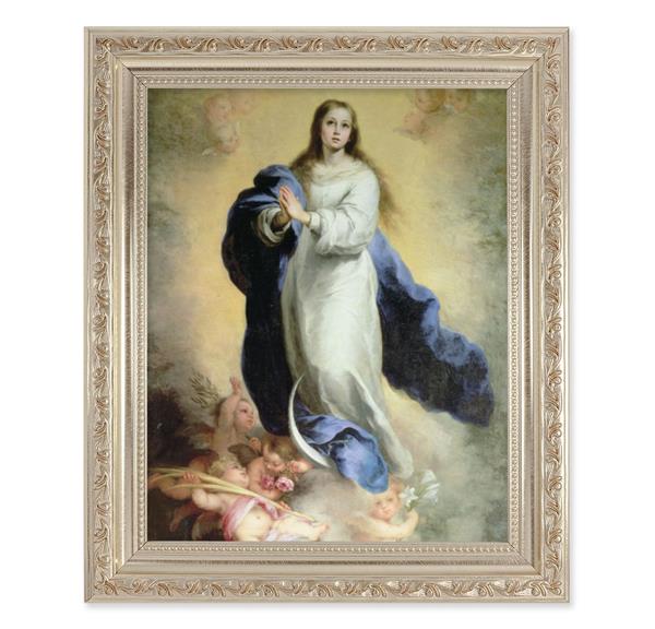 Murillo: The Immaculate Conception, 10"x12" Antique Silver & Carved Scrollwork Frame, Italian Print Under Glass # 26881