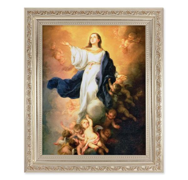 Murillo: The Immaculate Conception, 10"x12" Antique Silver & Carved Scrollwork Frame, Italian Print Under Glass # 26882