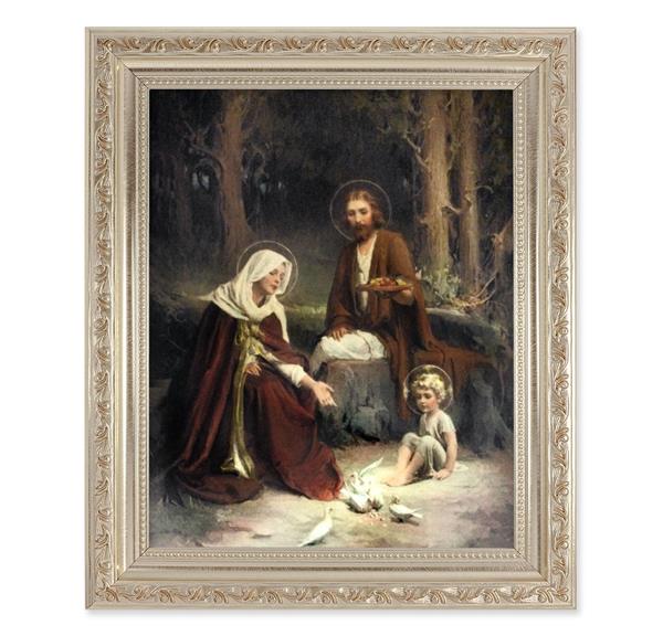 Chambers: The Holy Family, 10"x12" Antique Silver & Carved Scrollwork Frame, Italian Print Under Glass # 26883