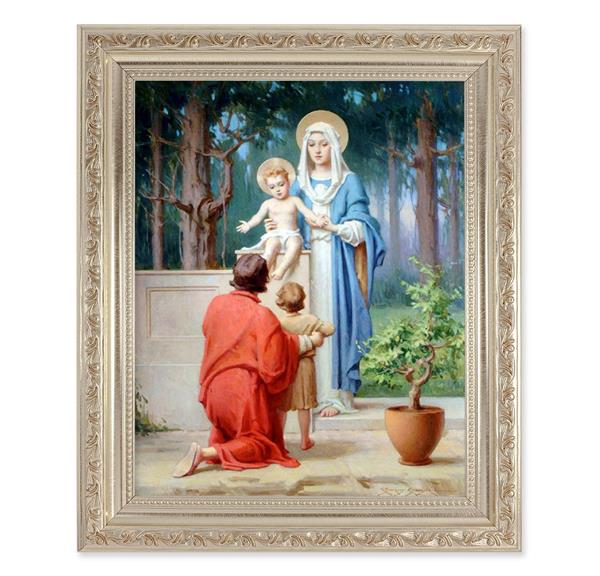 Chambers: The Holy Family with John The Baptist, 10"x12" Antique Silver & Carved Scrollwork Frame, Italian Print Under Glass # 26885