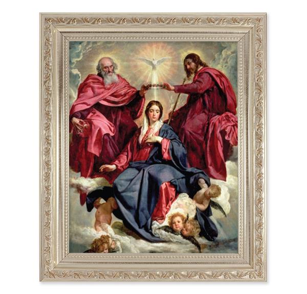 Crowning of Mary, 10"x12" Antique Silver & Carved Scrollwork Frame, Italian Print Under Glass # 26886