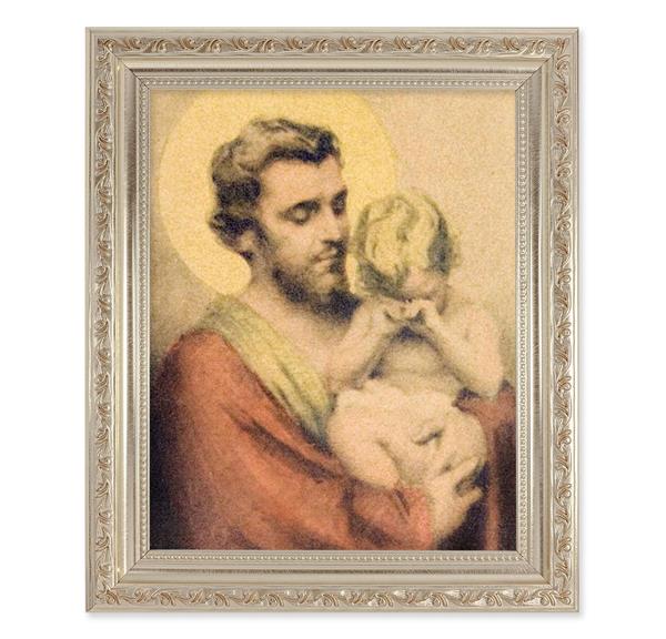Chambers: St. Joseph with Crying Jesus, 10"x12" Antique Silver & Carved Scrollwork Frame, Italian Print Under Glass # 26887