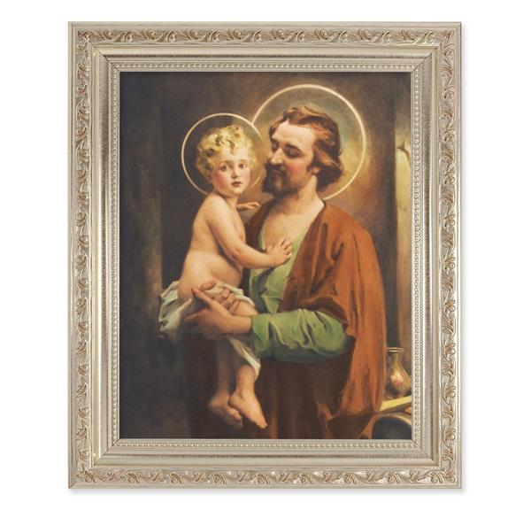 Chambers: St. Joseph & Child Jesus, 10"x12" Antique Silver & Carved Scrollwork Frame, Italian Print Under Glass # 26888
