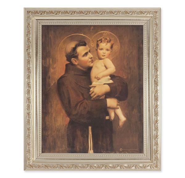 Chambers: St. Anthony & Child Jesus, 10"x12" Antique Silver & Carved Scrollwork Frame, Italian Print Under Glass # 26889