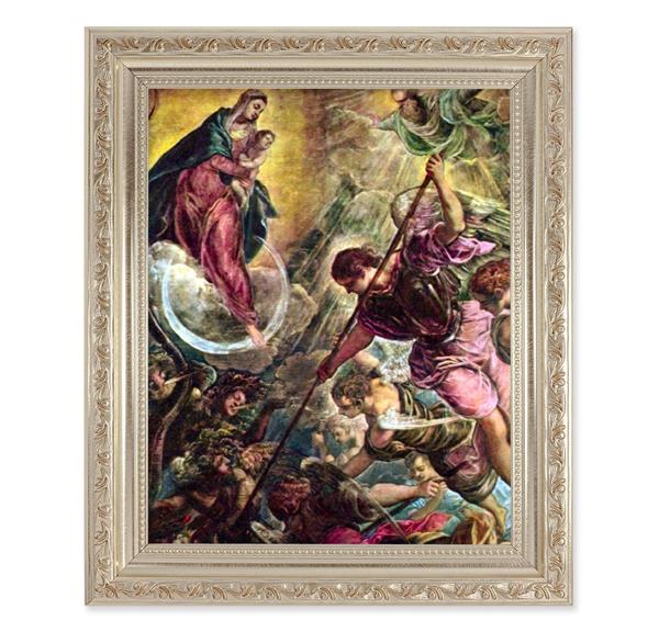 The Battle of Archangel Michael, 10"x12" Antique Silver & Carved Scrollwork Frame, Italian Print Under Glass # 26890