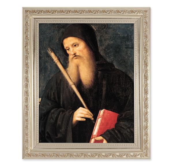 Perugino: St. Benedict, 10"x12" Antique Silver & Carved Scrollwork Frame, Italian Print Under Glass # 26894