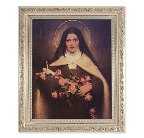 Chambers: St. Therese of Lisieux, 10"x12" Antique Silver & Carved Scrollwork Frame, Italian Print Under Glass # 26899