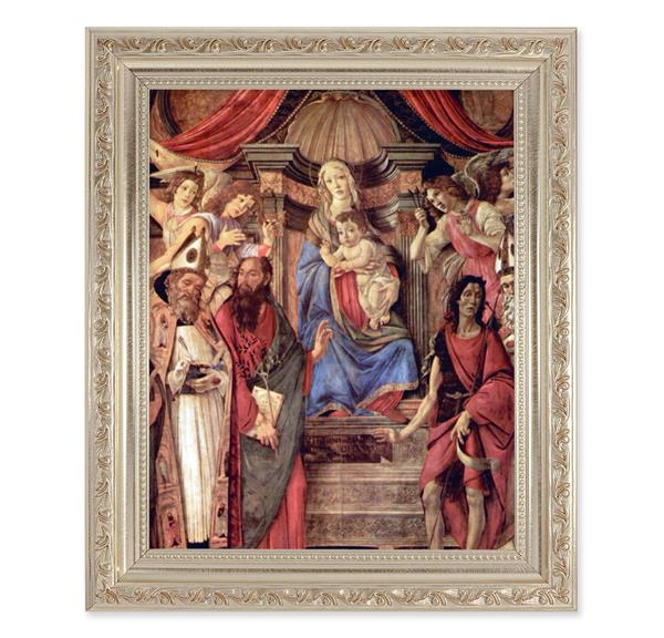Madonna Enthroned with Angels & Saints, 10"x12" Antique Silver & Carved Scrollwork Frame, Italian Print Under Glass # 26909