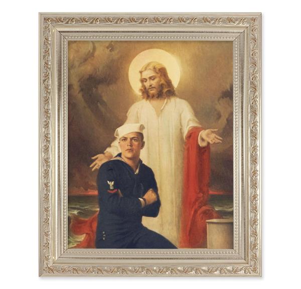 Chambers: Jesus Christ with Sailor, 10"x12" Antique Silver & Carved Scrollwork Frame, Italian Print Under Glass # 26910
