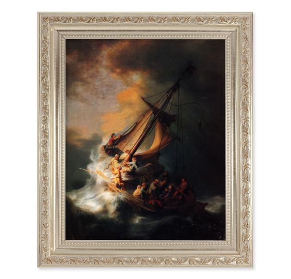 Rembrandt: The Storm of Sea of Galilee, 10"x12" Antique Silver & Carved Scrollwork Frame, Italian Print Under Glass # 26919