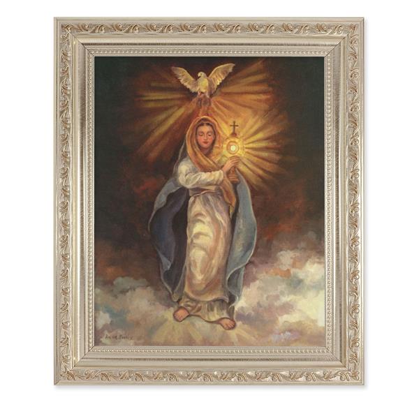 Mary with Monstrance, 10"x12" Antique Silver & Carved Scrollwork Frame, Italian Print Under Glass # 26920