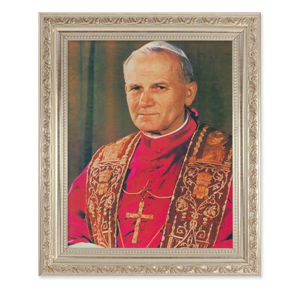 Pope John Paul II, 10"x12" Antique Silver & Carved Scrollwork Frame, Italian Print Under Glass # 26921