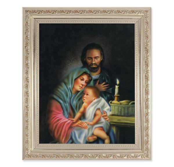 Holy Family Print, 10"x12" Antique Silver & Carved Scrollwork Frame, Italian Print Under Glass # 26922