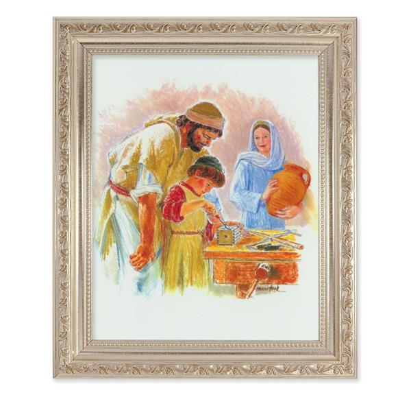 Hook: Jesus The Carpenter, 10"x12" Antique Silver & Carved Scrollwork Frame, Italian Print Under Glass # 26923