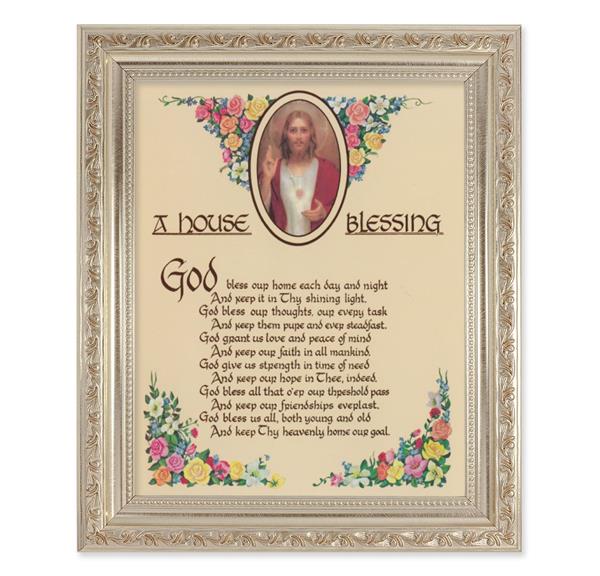 A House Blessing Picture, 10"x12" Antique Silver & Carved Scrollwork Frame, Italian Print Under Glass # 26925