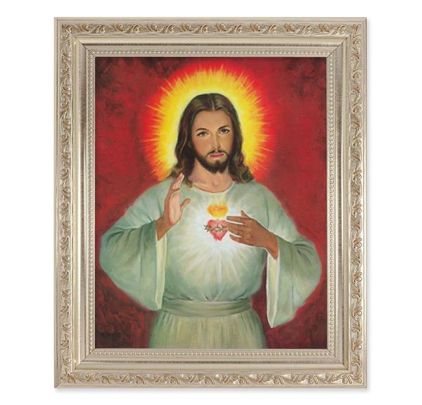 Sacred Heart of Jesus Picture, 10"x12" Antique Silver & Carved Scrollwork Frame, Italian Print Under Glass # 26926