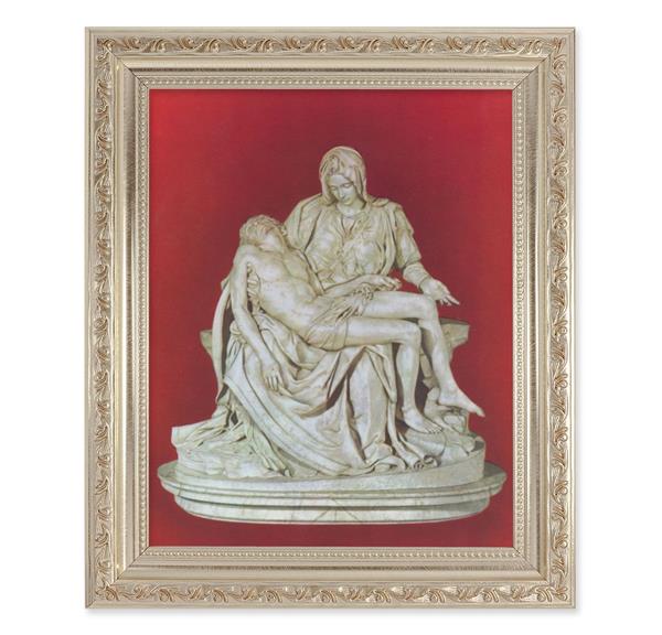 The Pieta Picture, 10"x12" Antique Silver & Carved Scrollwork Frame, Italian Print Under Glass # 26928