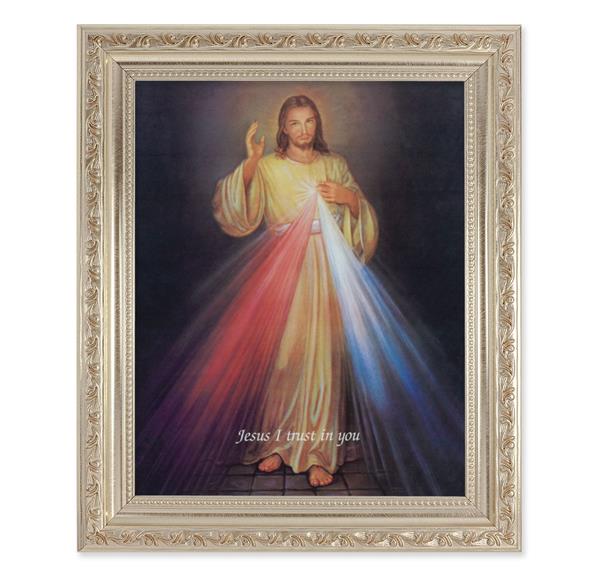 Divine Mercy Picture, 10"x12" Antique Silver & Carved Scrollwork Frame, Italian Print Under Glass # 26929