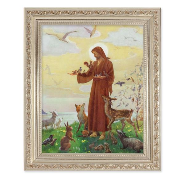 Jesus with Animals Picture, 10"x12" Antique Silver & Carved Scrollwork Frame, Italian Print Under Glass # 26930