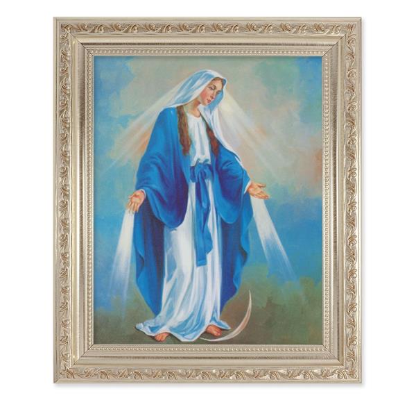 Our Lady of Grace Picture, 10"x12" Antique Silver & Carved Scrollwork Frame, Italian Print Under Glass # 26931
