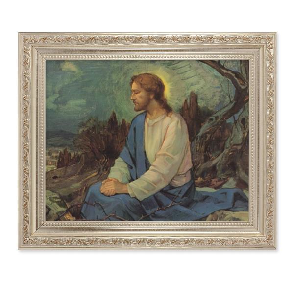 Meditation in The Garden Picture, 10"x12" Antique Silver & Carved Scrollwork Frame, Italian Print Under Glass # 26932