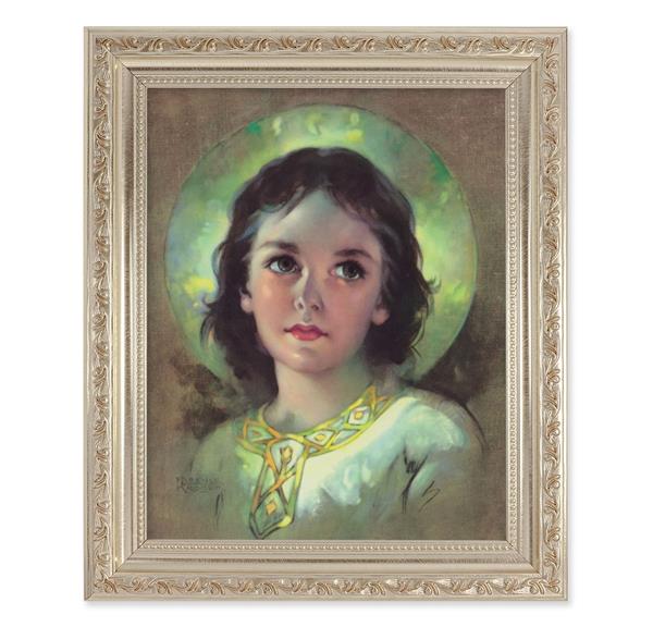 The Child Jesus Picture, 10"x12" Antique Silver & Carved Scrollwork Frame, Italian Print Under Glass # 26933