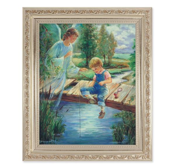 Guardian Angel with Boy Picture, 10"x12" Antique Silver & Carved Scrollwork Frame, Italian Print Under Glass # 26934