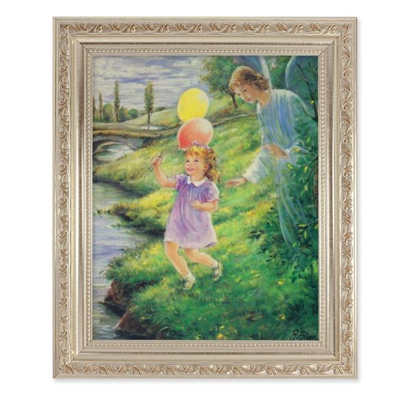 Guardian Angel with Girl Picture, 10"x12" Antique Silver & Carved Scrollwork Frame, Italian Print Under Glass # 26935