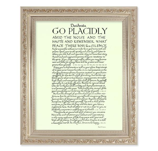 Go Placidly Desiderata, 10"x12" Antique Silver & Carved Scrollwork Frame, Italian Print Under Glass # 26936