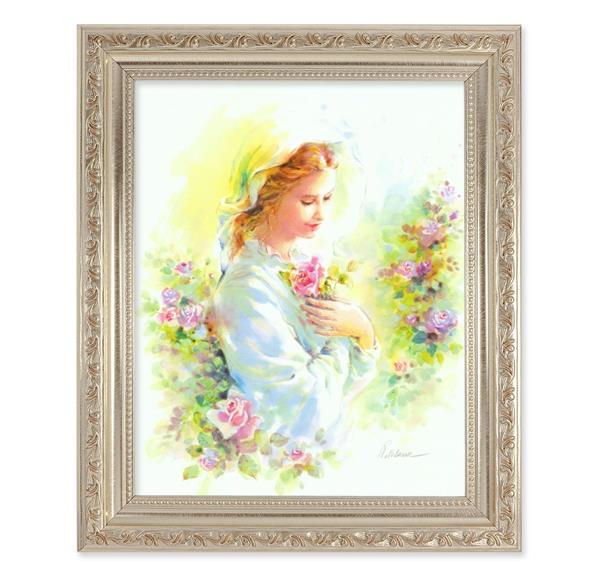 Blanc: Mystical Rose Picture, 10"x12" Antique Silver & Carved Scrollwork Frame, Italian Print Under Glass # 26937