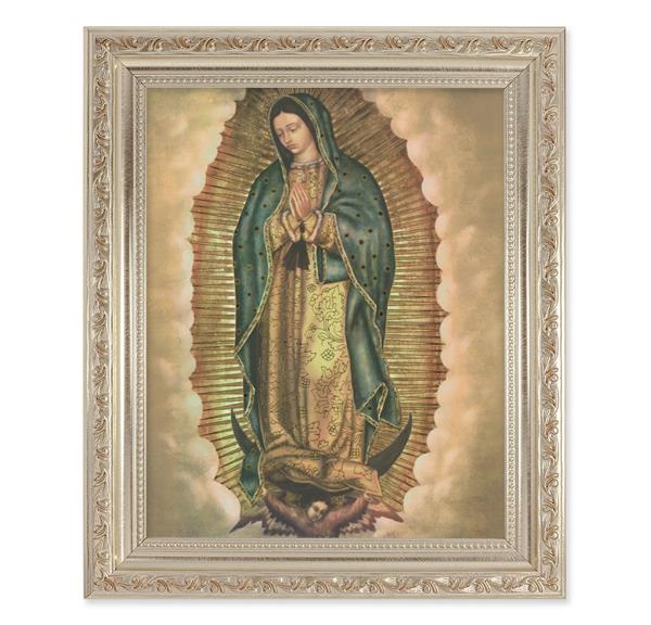 Our Lady of Guadalupe Picture, 10"x12" Antique Silver & Carved Scrollwork Frame, Italian Print Under Glass # 26939