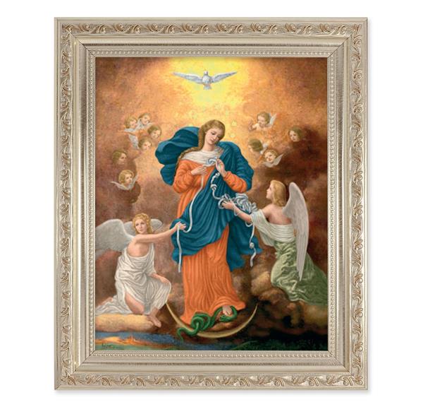 Our Lady Untier of Knots Picture, 10"x12" Antique Silver & Carved Scrollwork Frame, Italian Print Under Glass # 26940
