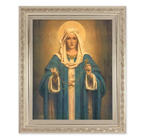 Our Lady of The Rosary Picture, 10"x12" Antique Silver & Carved Scrollwork Frame, Italian Print Under Glass # 26941