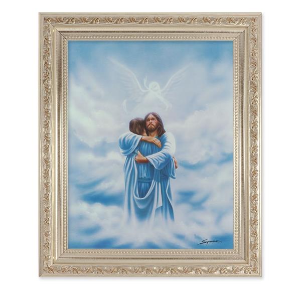 Welcome Home Reunion Picture, 10"x12" Antique Silver & Carved Scrollwork Frame, Italian Print Under Glass # 26942