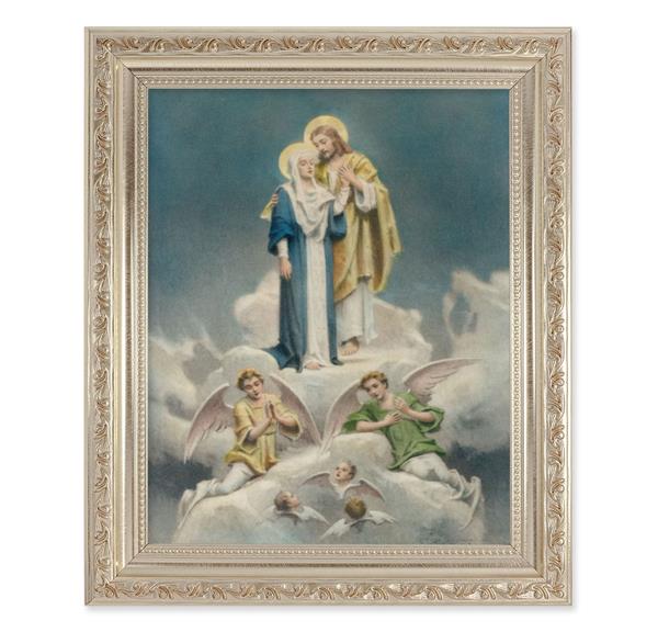 Chambers: Jesus & Mary in Heaven, 10"x12" Antique Silver & Carved Scrollwork Frame, Italian Print Under Glass # 26943
