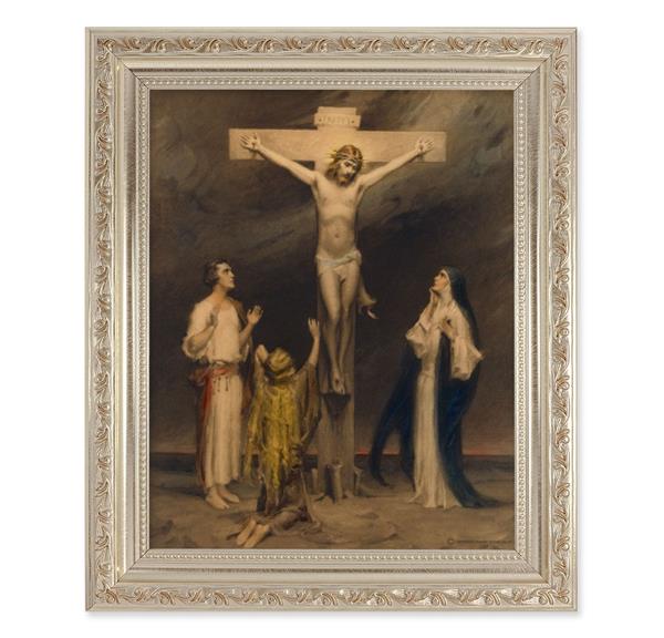 Chambers: The Crucifixion, 10"x12" Antique Silver & Carved Scrollwork Frame, Italian Print Under Glass # 26944