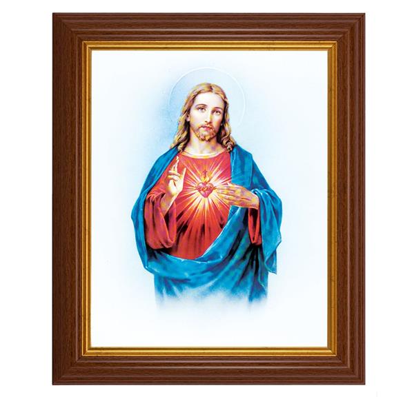 Sacred Heart, 10.5"x12.5" Walnut Finished Fluted Frame, Gold Beaded Lip, Italian Print # 26945