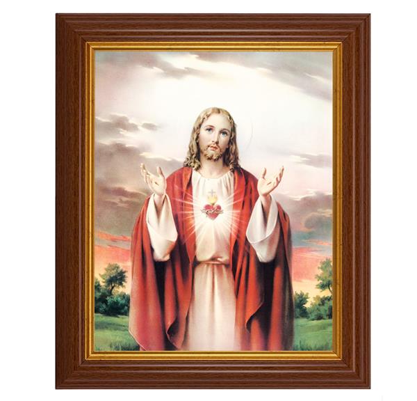 Sacred Heart of Jesus, 10.5"x12.5" Walnut Finished Fluted Frame, Gold Beaded Lip, Italian Print # 26947