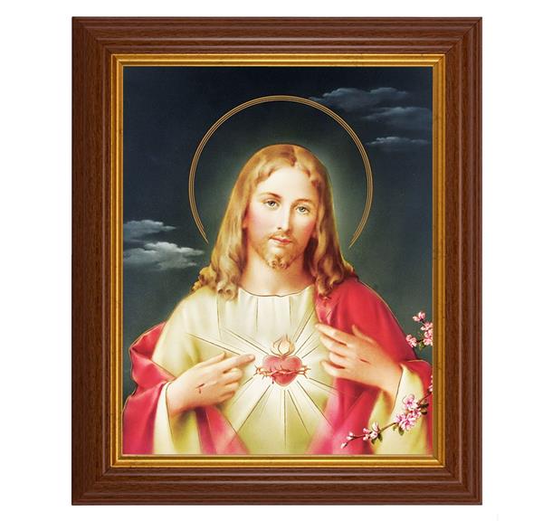 Sacred Heart of Jesus, 10.5"x12.5" Walnut Finished Fluted Frame, Gold Beaded Lip, Italian Print # 26948