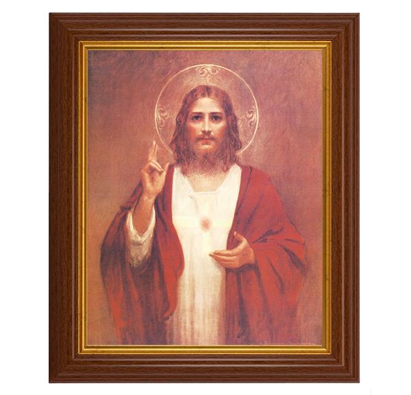 Chambers: Sacred Heart of Jesus, 10.5"x12.5" Walnut Finished Fluted Frame, Gold Beaded Lip, Italian Print # 26951