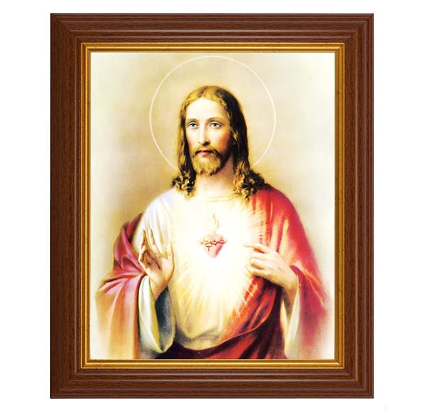 Sacred Heart of Jesus, 10.5"x12.5" Walnut Finished Fluted Frame, Gold Beaded Lip, Italian Print # 26953