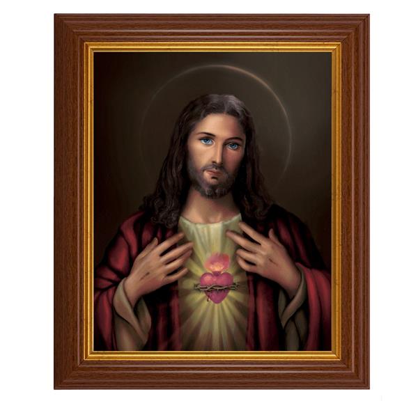 Sacred Heart of Jesus, 10.5"x12.5" Walnut Finished Fluted Frame, Gold Beaded Lip, Italian Print # 26956