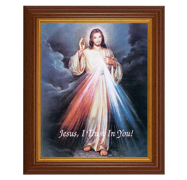 Divine Mercy, 10.5"x12.5" Walnut Finished Fluted Frame, Gold Beaded Lip, Italian Print # 26960