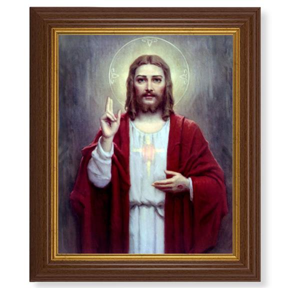 Chambers: Sacred Heart of Jesus, 10.5"x12.5" Walnut Finished Fluted Frame, Gold Beaded Lip, Italian Print # 26962