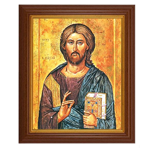 Christ The Teacher Icon, 10.5"x12.5" Walnut Finished Fluted Frame, Gold Beaded Lip, Italian Print # 26967