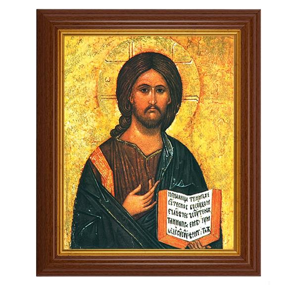 Christ All Knowing Icon, 10.5"x12.5" Walnut Finished Fluted Frame, Gold Beaded Lip, Italian Print # 26968
