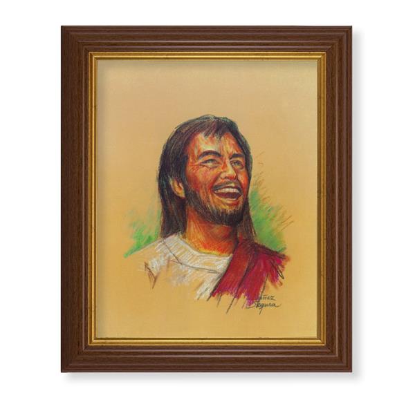 Segura: Laughing Jesus, 10.5"x12.5" Walnut Finished Fluted Frame, Gold Beaded Lip, Italian Print # 26976